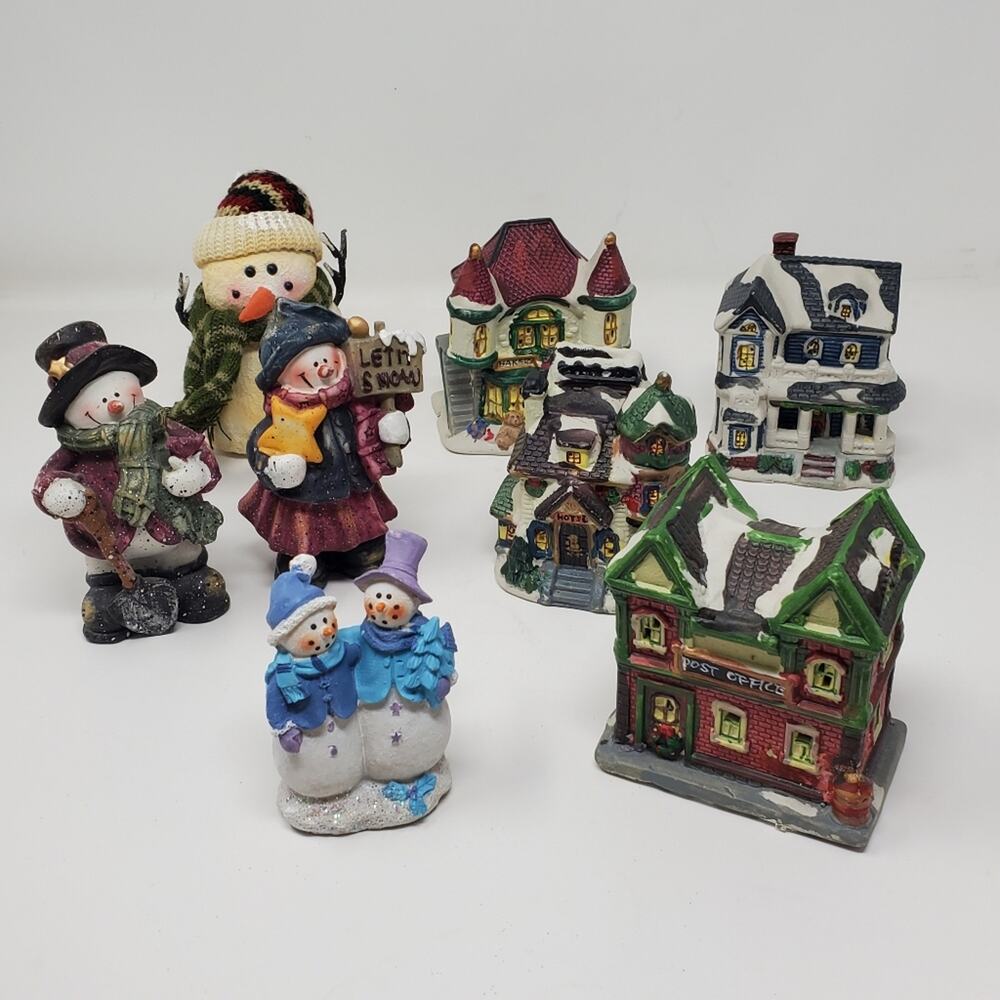 Lot of Ceramic and Resin Holiday Mini houses and Snowman Xmas Decor Christmas